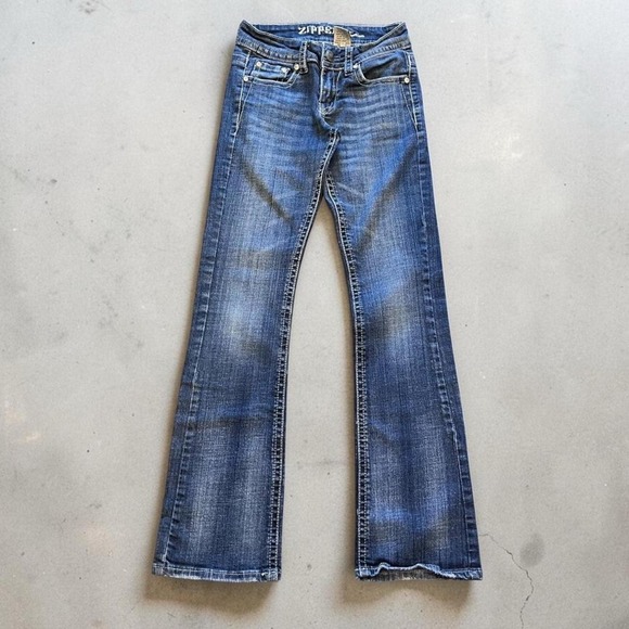 Vintage Denim - y2k zipper dark wash low rise bootcut flare embellished pocket jeans size 26